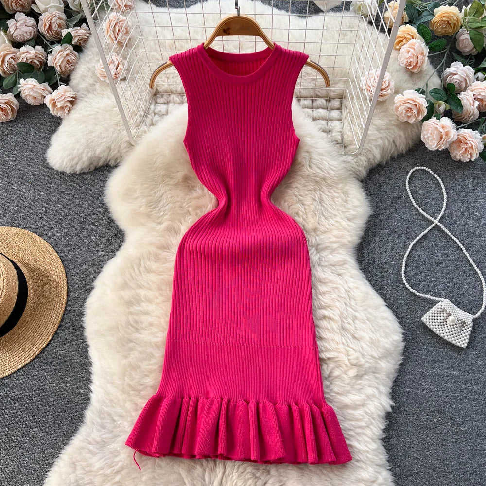 Early Autumn Sexy Ruffles Mini Dress with Hips Package for Ladies Y2K Knitted Bodycon Party Dress