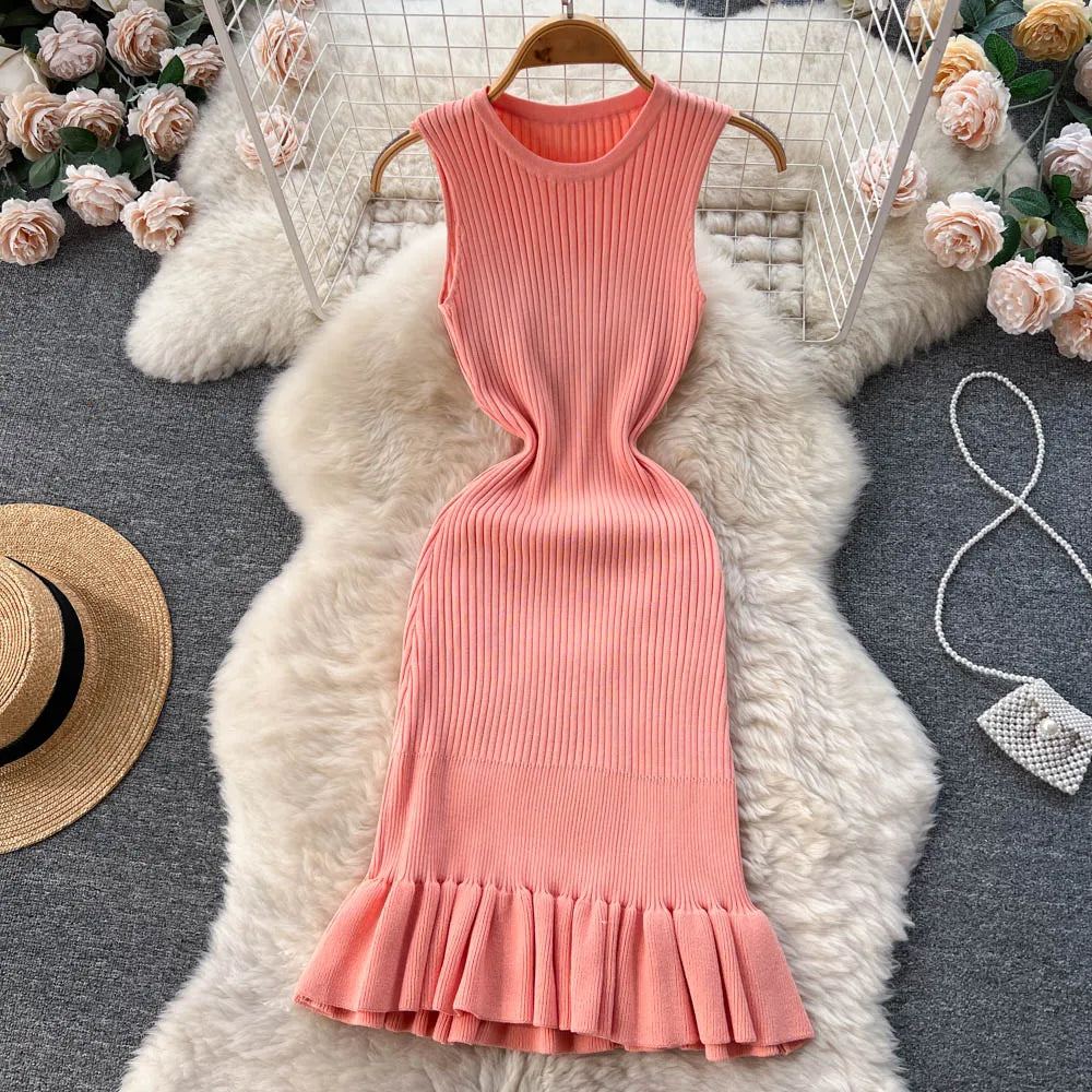 Early Autumn Sexy Ruffles Mini Dress with Hips Package for Ladies Y2K Knitted Bodycon Party Dress