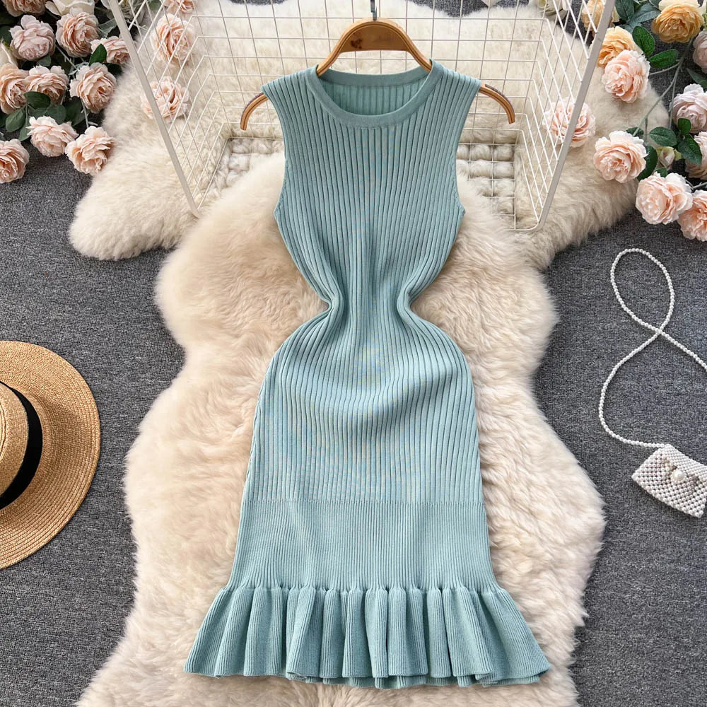 Early Autumn Sexy Ruffles Mini Dress with Hips Package for Ladies Y2K Knitted Bodycon Party Dress