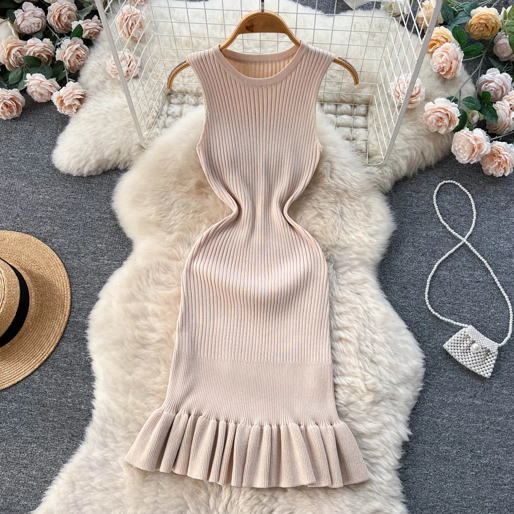 Early Autumn Sexy Ruffles Mini Dress with Hips Package for Ladies Y2K Knitted Bodycon Party Dress