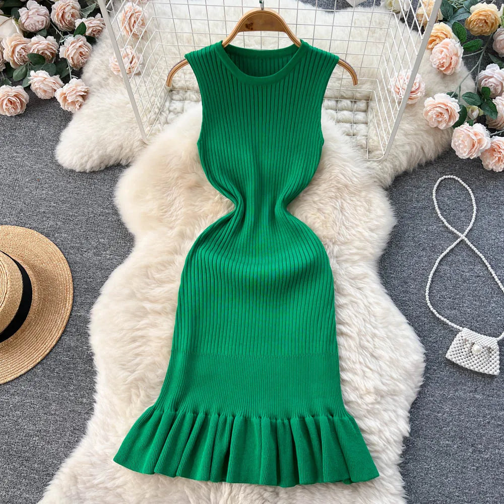 Early Autumn Sexy Ruffles Mini Dress with Hips Package for Ladies Y2K Knitted Bodycon Party Dress