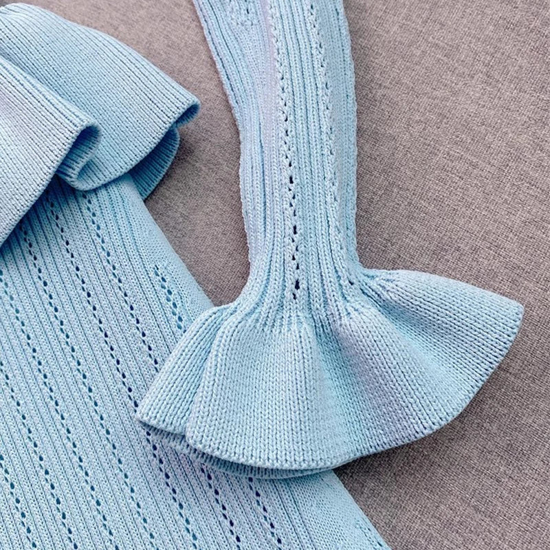 Elegant Knitted Maxi Dress for Women with V-Neck and Ruffled Details Slim Waist Bodycon Sweater Dress for Parties and Casual Wear