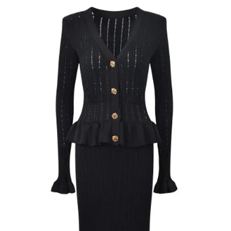 Elegant Knitted Maxi Dress for Women with V-Neck and Ruffled Details Slim Waist Bodycon Sweater Dress for Parties and Casual Wear