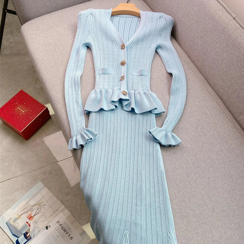 Elegant Knitted Maxi Dress for Women with V-Neck and Ruffled Details Slim Waist Bodycon Sweater Dress for Parties and Casual Wear