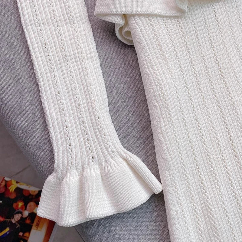 Elegant Knitted Maxi Dress for Women with V-Neck and Ruffled Details Slim Waist Bodycon Sweater Dress for Parties and Casual Wear