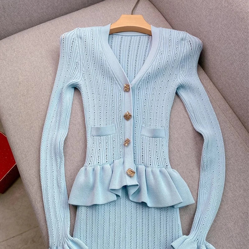 Elegant Knitted Maxi Dress for Women with V-Neck and Ruffled Details Slim Waist Bodycon Sweater Dress for Parties and Casual Wear