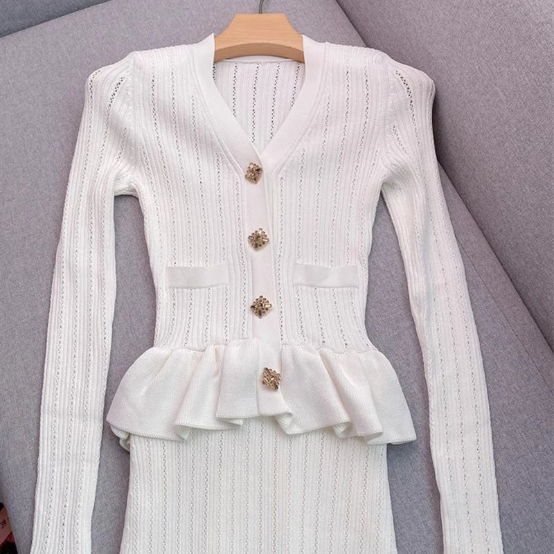 Elegant Knitted Maxi Dress for Women with V-Neck and Ruffled Details Slim Waist Bodycon Sweater Dress for Parties and Casual Wear