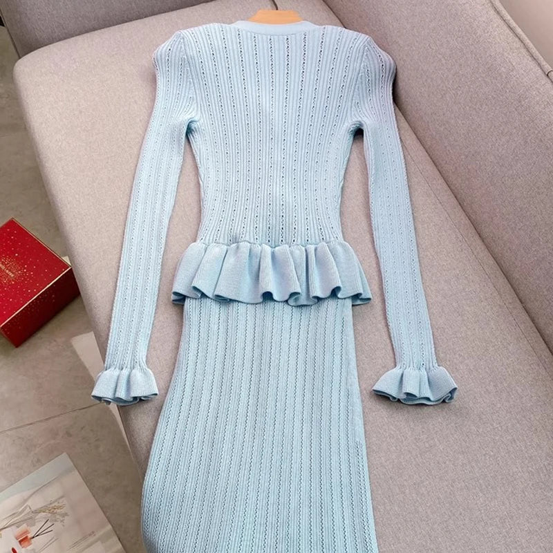 Elegant Knitted Maxi Dress for Women with V-Neck and Ruffled Details Slim Waist Bodycon Sweater Dress for Parties and Casual Wear