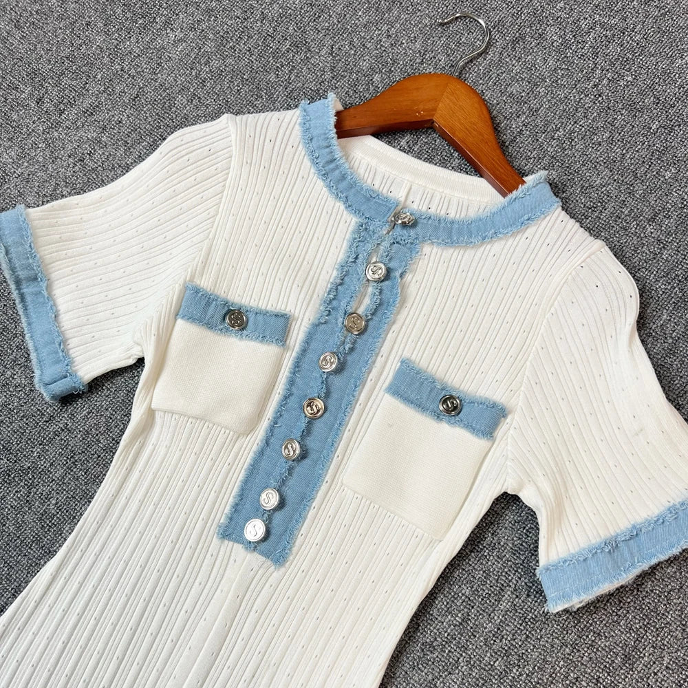 Chic Knitted Maxi Dress for Women Elegant Denim Patchwork O-Neck Long Sweater Dress Office Casual Vestidos