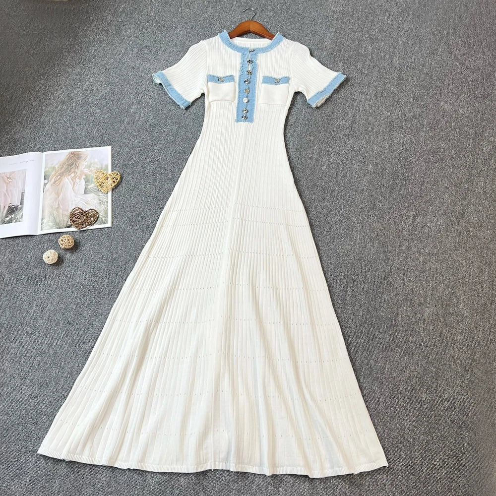 Chic Knitted Maxi Dress for Women Elegant Denim Patchwork O-Neck Long Sweater Dress Office Casual Vestidos