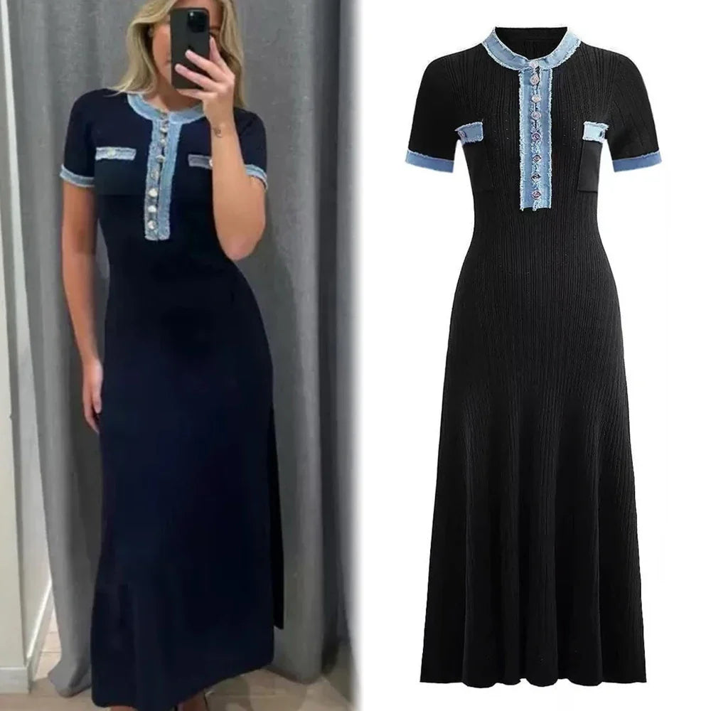 Chic Knitted Maxi Dress for Women Elegant Denim Patchwork O-Neck Long Sweater Dress Office Casual Vestidos