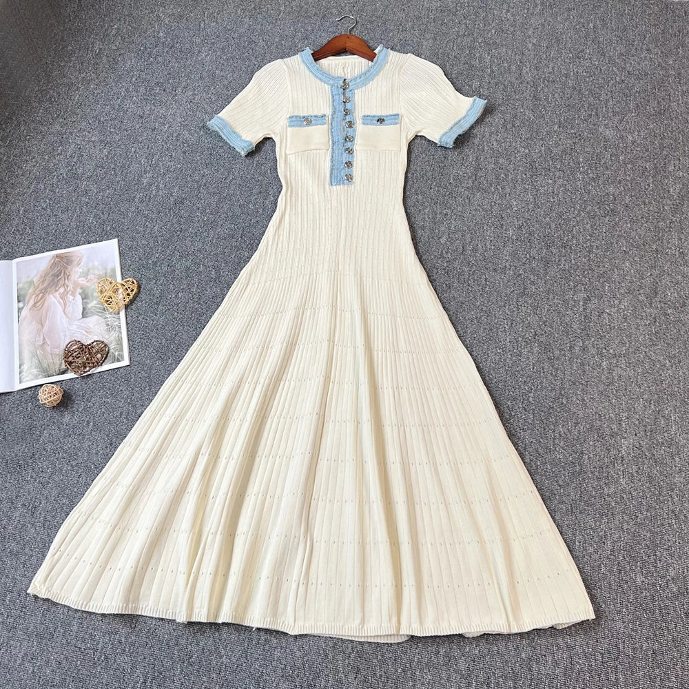 Chic Knitted Maxi Dress for Women Elegant Denim Patchwork O-Neck Long Sweater Dress Office Casual Vestidos