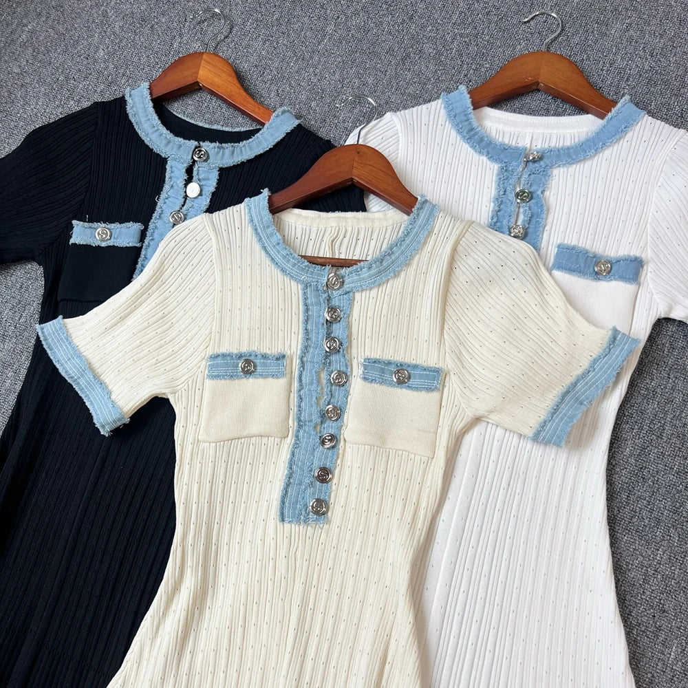 Chic Knitted Maxi Dress for Women Elegant Denim Patchwork O-Neck Long Sweater Dress Office Casual Vestidos