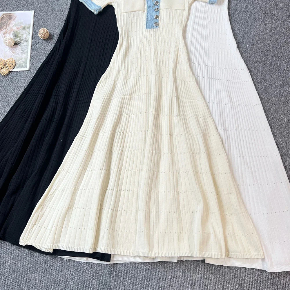 Chic Knitted Maxi Dress for Women Elegant Denim Patchwork O-Neck Long Sweater Dress Office Casual Vestidos