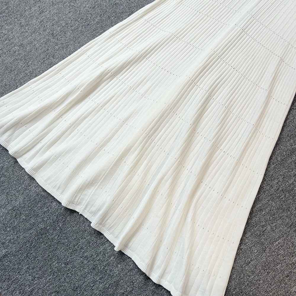 Chic Knitted Maxi Dress for Women Elegant Denim Patchwork O-Neck Long Sweater Dress Office Casual Vestidos