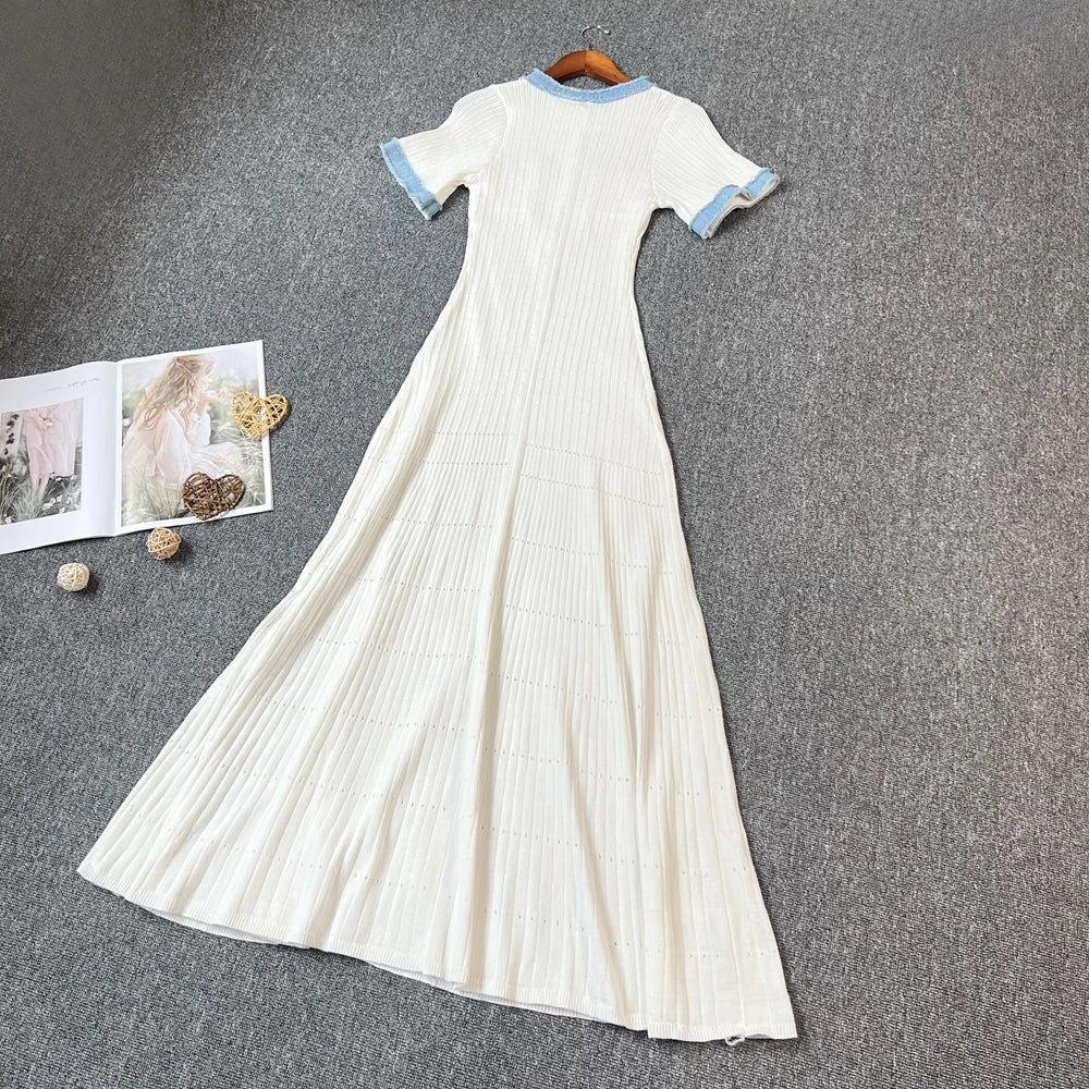 Chic Knitted Maxi Dress for Women Elegant Denim Patchwork O-Neck Long Sweater Dress Office Casual Vestidos