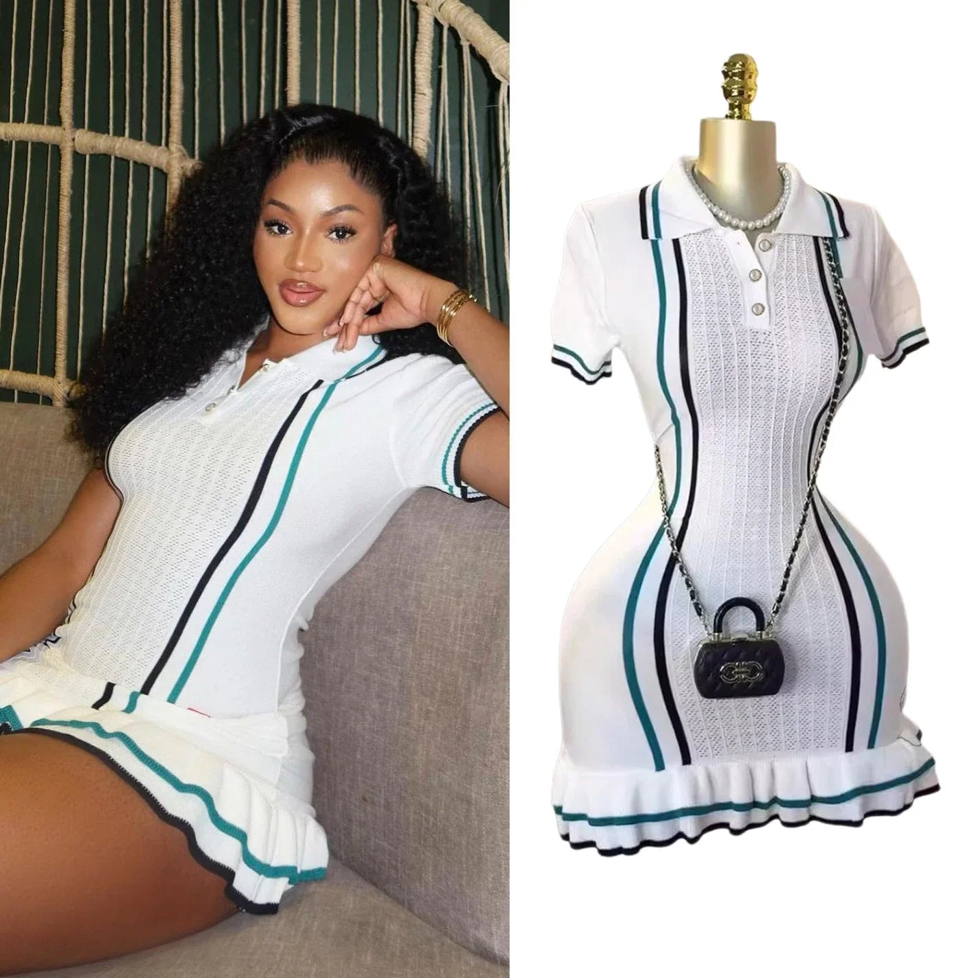 Chic Vintage Knitted Mini Dress with Turn-Down Collar and Ruffled Details for Summer Party and Streetwear