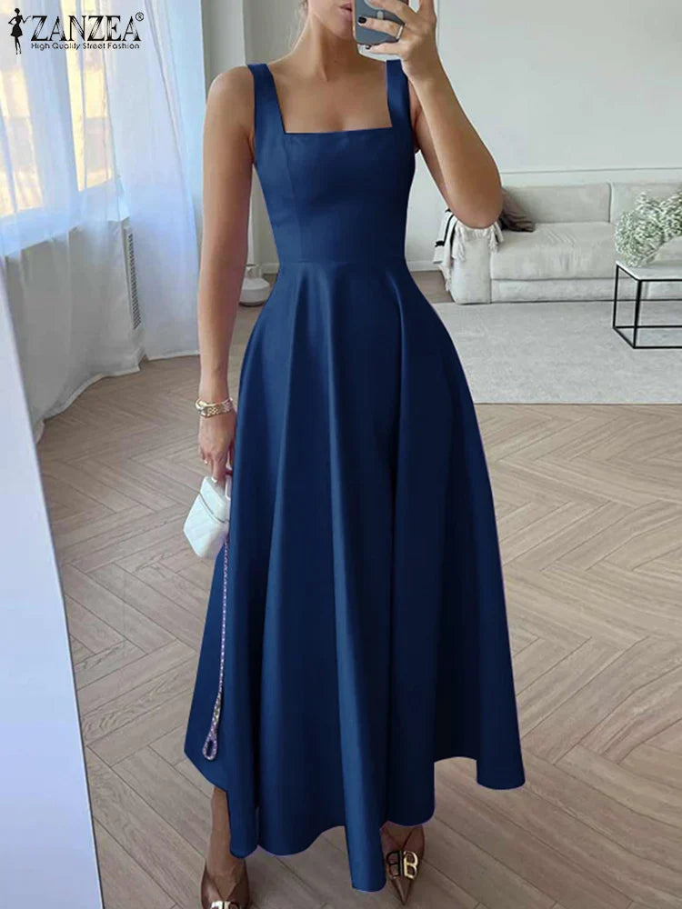 Elegant Satin Maxi Dress for Women with Square Collar and High Waist Summer Holiday Casual Sundress