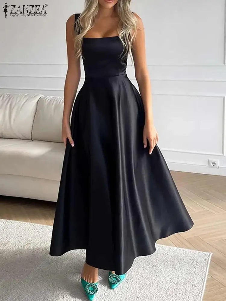 Elegant Satin Maxi Dress for Women with Square Collar and High Waist Summer Holiday Casual Sundress