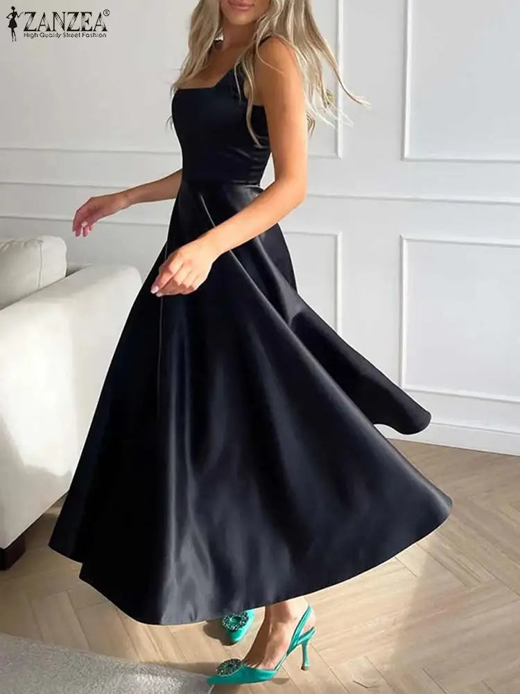 Elegant Satin Maxi Dress for Women with Square Collar and High Waist Summer Holiday Casual Sundress
