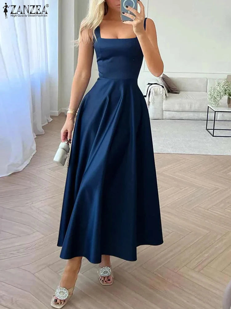 Elegant Satin Maxi Dress for Women with Square Collar and High Waist Summer Holiday Casual Sundress