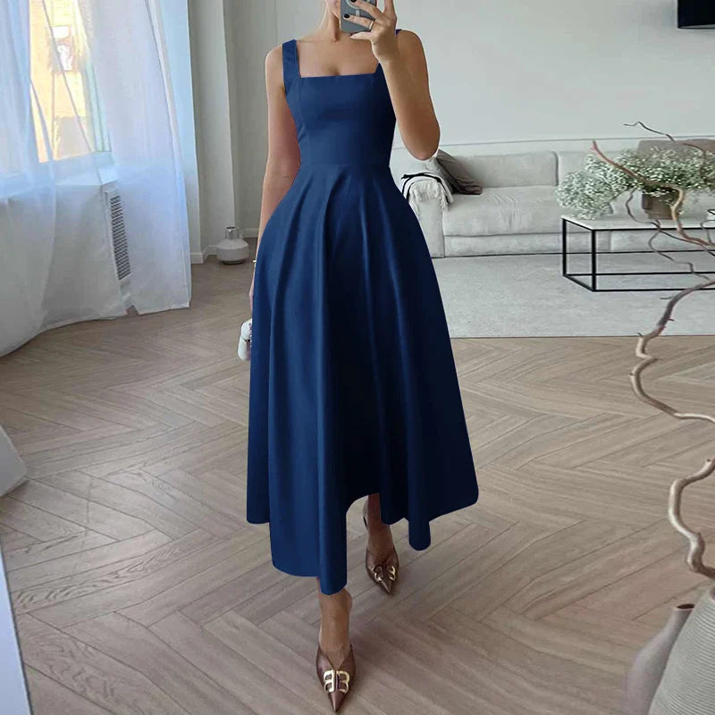 Elegant Satin Maxi Dress for Women with Square Collar and High Waist Summer Holiday Casual Sundress