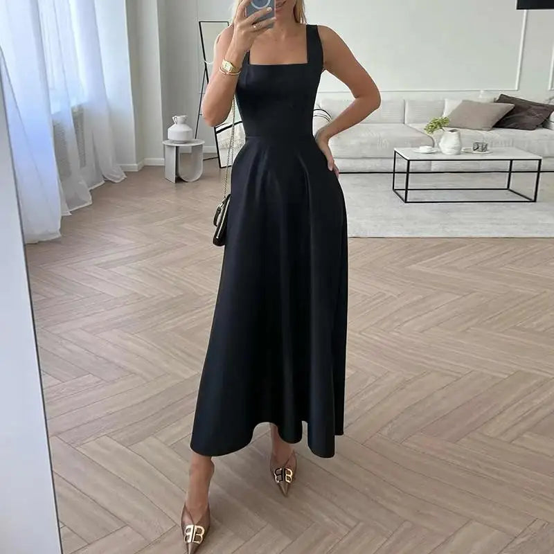 Elegant Satin Maxi Dress for Women with Square Collar and High Waist Summer Holiday Casual Sundress