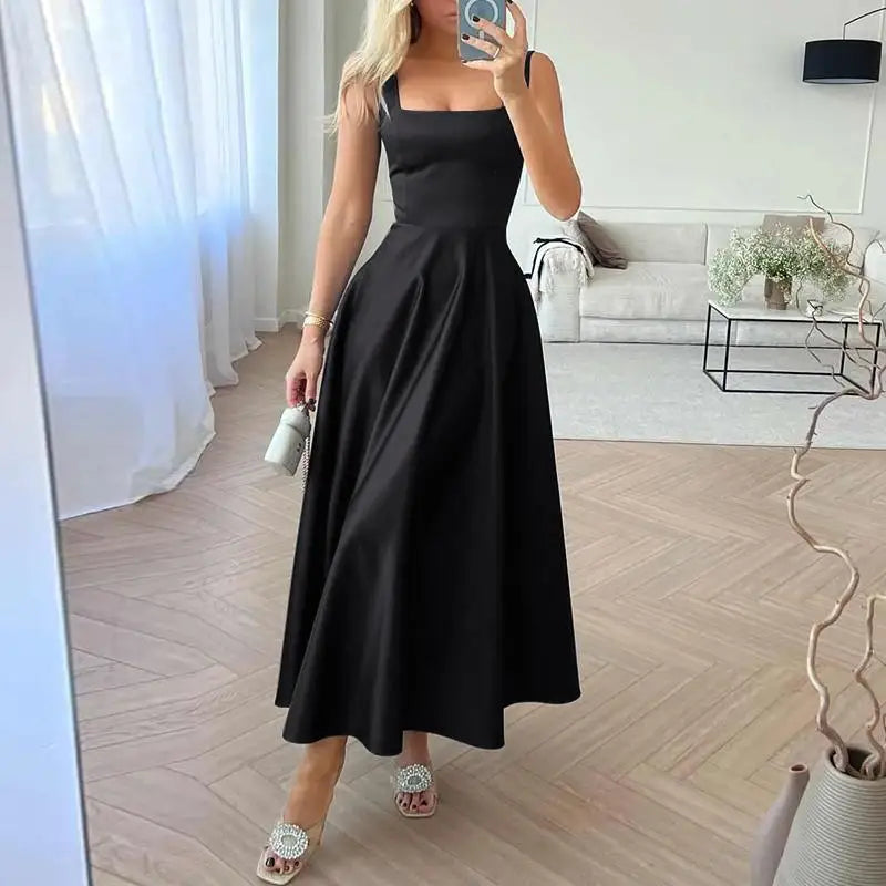 Elegant Satin Maxi Dress for Women with Square Collar and High Waist Summer Holiday Casual Sundress