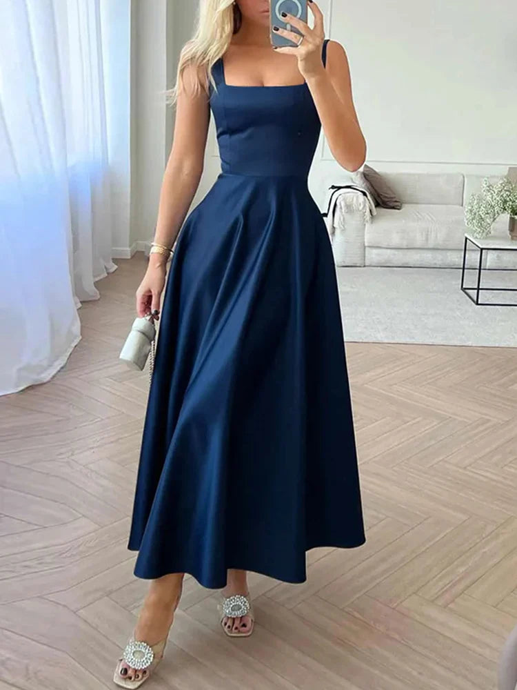 Elegant Satin Maxi Dress for Women with Square Collar and High Waist Summer Holiday Casual Sundress