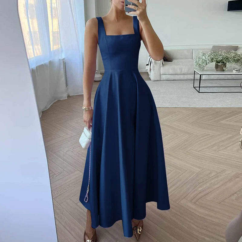 Elegant Satin Maxi Dress for Women with Square Collar and High Waist Summer Holiday Casual Sundress