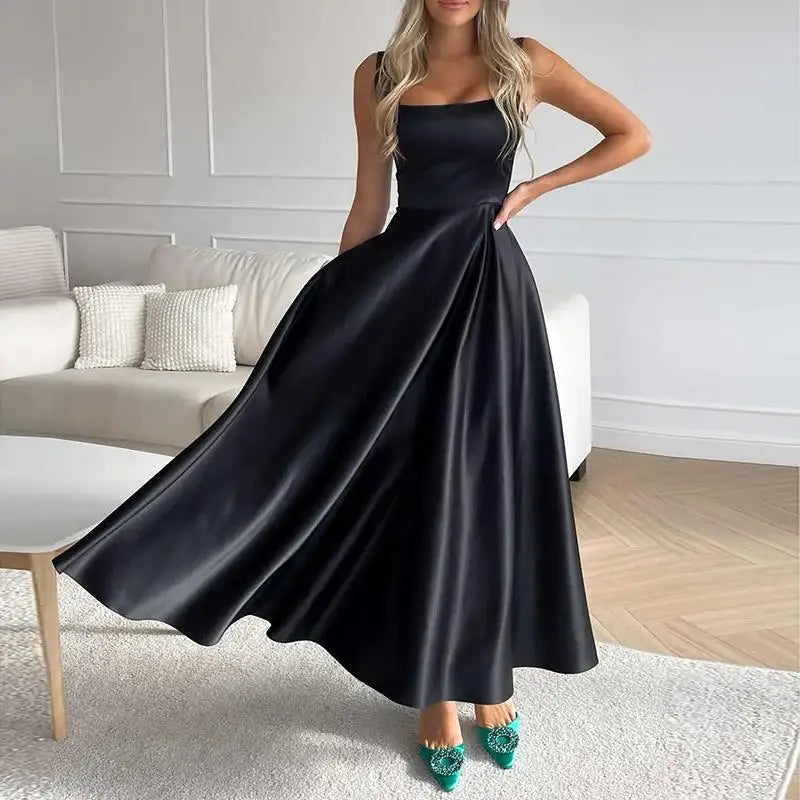 Elegant Satin Maxi Dress for Women with Square Collar and High Waist Summer Holiday Casual Sundress