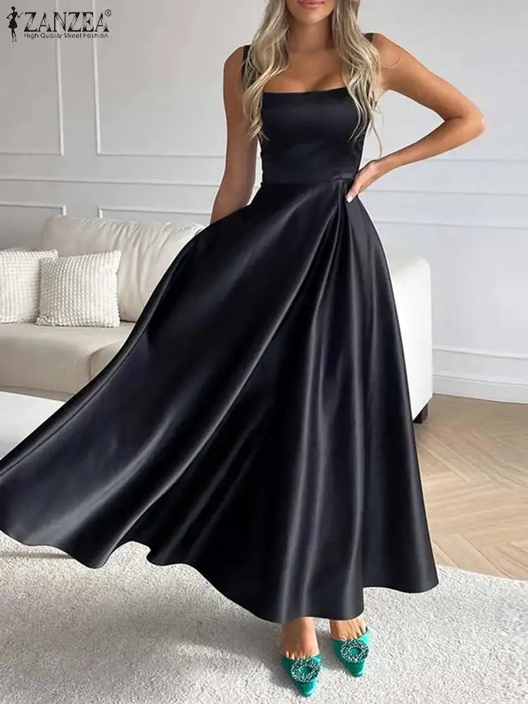 Elegant Satin Maxi Dress for Women with Square Collar and High Waist Summer Holiday Casual Sundress