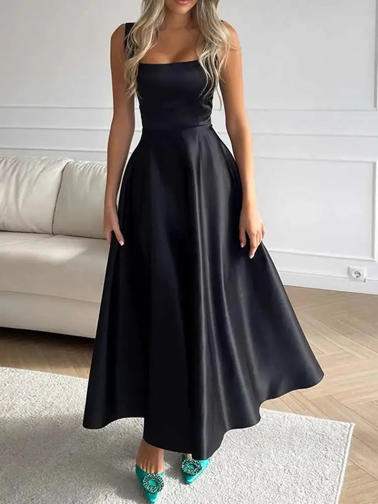 Elegant Satin Maxi Dress for Women with Square Collar and High Waist Summer Holiday Casual Sundress