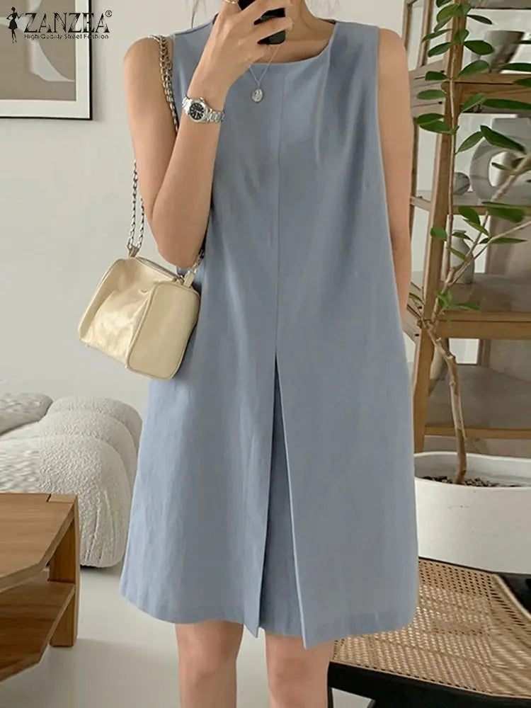 Casual Sleeveless Knee-Length Tank Dress with Pockets and O Neck in Solid Colors for Summer and Spring