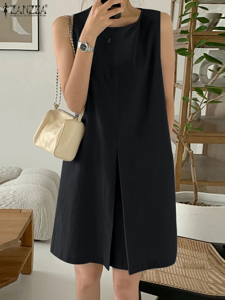 Casual Sleeveless Knee-Length Tank Dress with Pockets and O Neck in Solid Colors for Summer and Spring