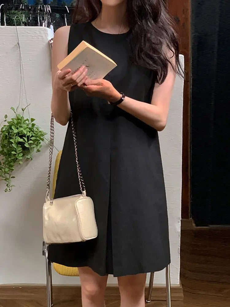 Casual Sleeveless Knee-Length Tank Dress with Pockets and O Neck in Solid Colors for Summer and Spring