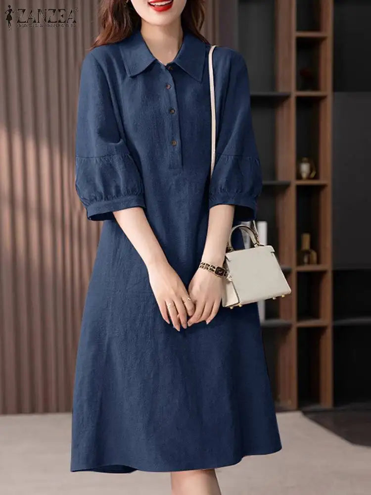 Elegant Cotton Shirt Dress for Women with Lapel Neck and 3/4 Sleeves in Solid Colors Perfect for Casual Office Wear and Daily Elegance