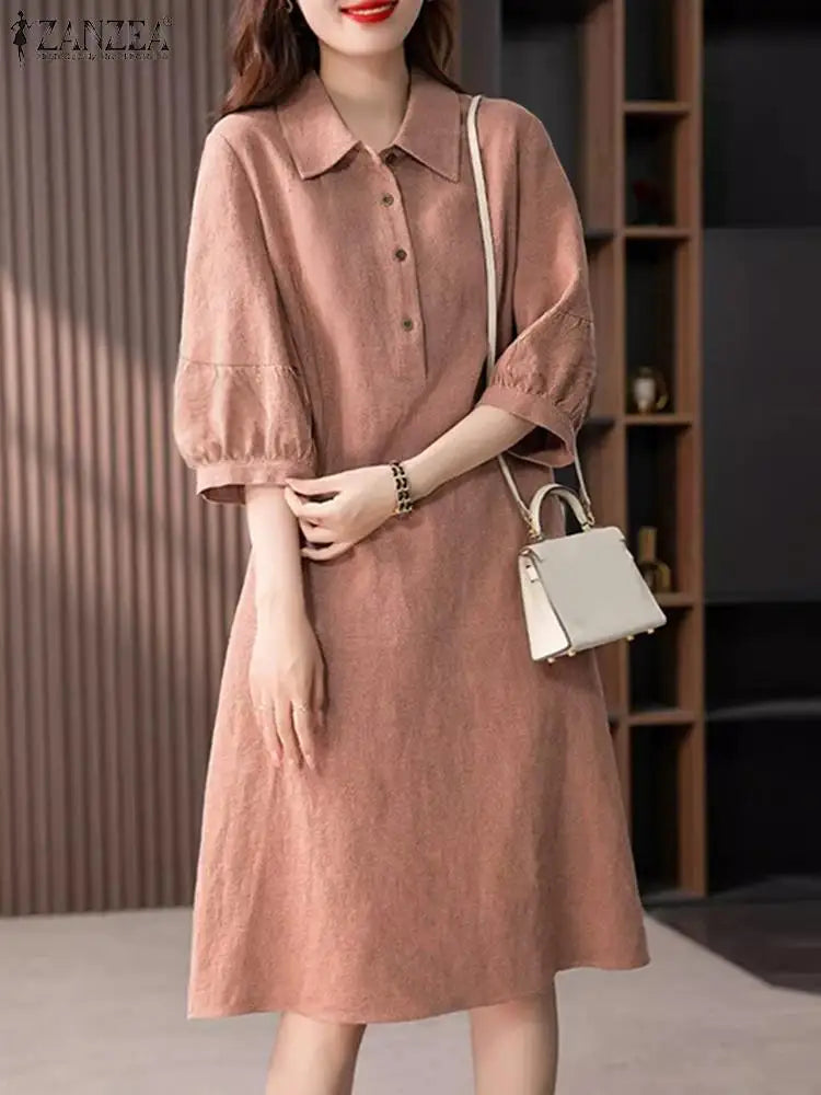 Elegant Cotton Shirt Dress for Women with Lapel Neck and 3/4 Sleeves in Solid Colors Perfect for Casual Office Wear and Daily Elegance