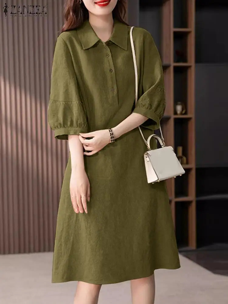 Elegant Cotton Shirt Dress for Women with Lapel Neck and 3/4 Sleeves in Solid Colors Perfect for Casual Office Wear and Daily Elegance