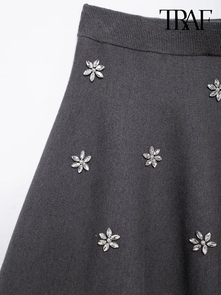 Womens Studded Flower Knit Set with Short Sleeve Round Neck Top and Elastic Waist Skirt Autumn Winter Fashion Ensemble