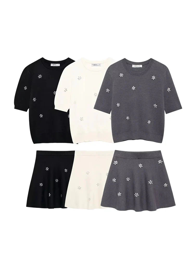 Womens Studded Flower Knit Set with Short Sleeve Round Neck Top and Elastic Waist Skirt Autumn Winter Fashion Ensemble