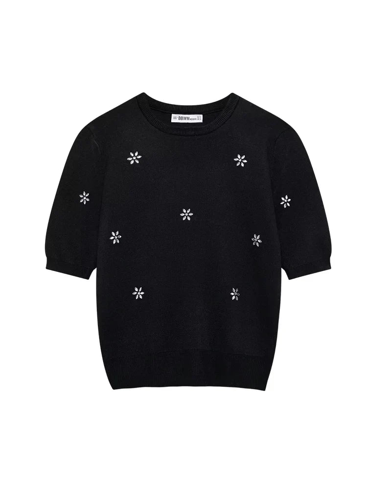 Womens Studded Flower Knit Set with Short Sleeve Round Neck Top and Elastic Waist Skirt Autumn Winter Fashion Ensemble