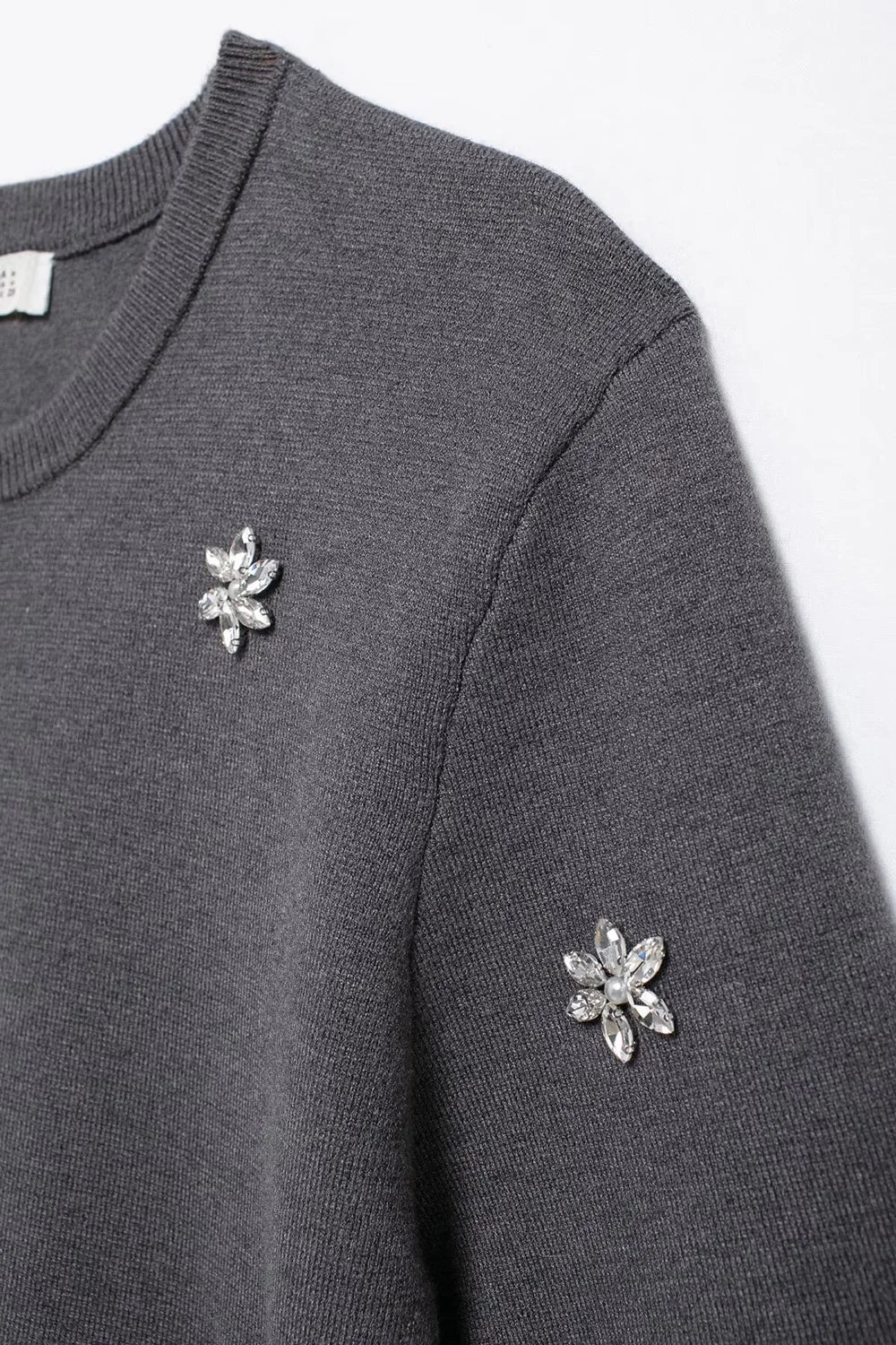 Womens Studded Flower Knit Set with Short Sleeve Round Neck Top and Elastic Waist Skirt Autumn Winter Fashion Ensemble