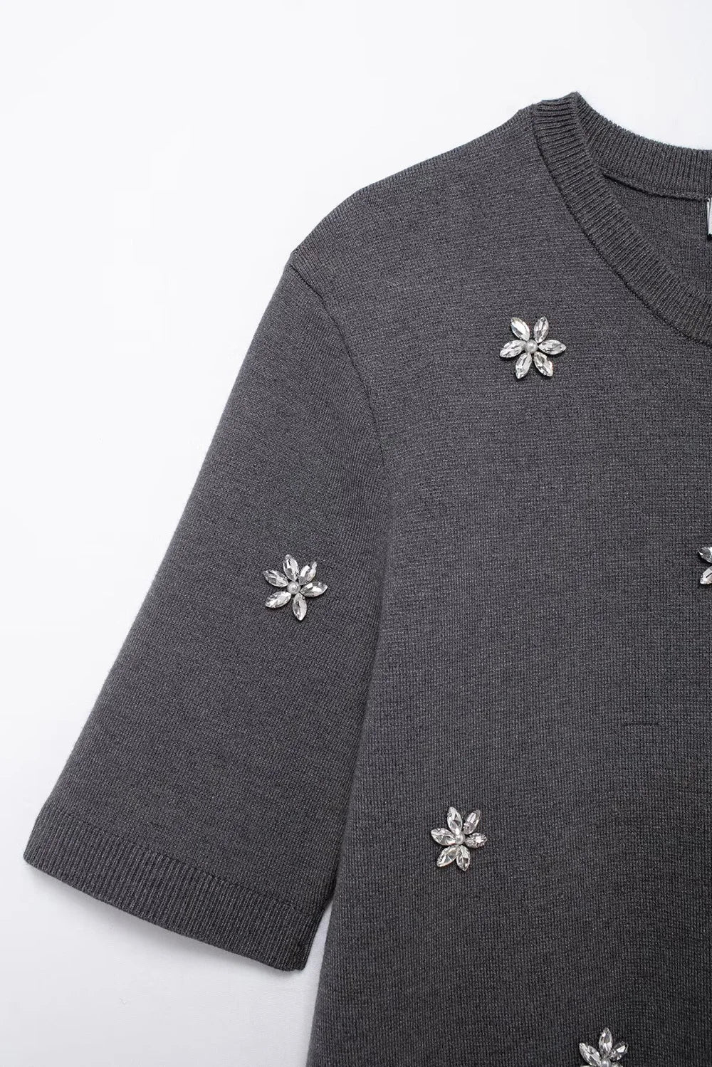 Womens Studded Flower Knit Set with Short Sleeve Round Neck Top and Elastic Waist Skirt Autumn Winter Fashion Ensemble