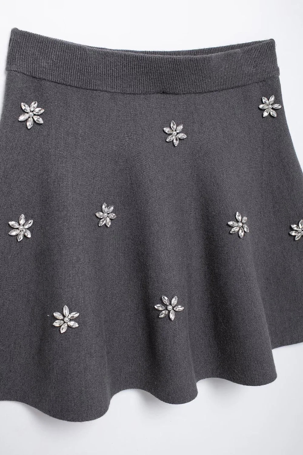 Womens Studded Flower Knit Set with Short Sleeve Round Neck Top and Elastic Waist Skirt Autumn Winter Fashion Ensemble