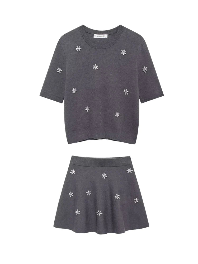 Womens Studded Flower Knit Set with Short Sleeve Round Neck Top and Elastic Waist Skirt Autumn Winter Fashion Ensemble