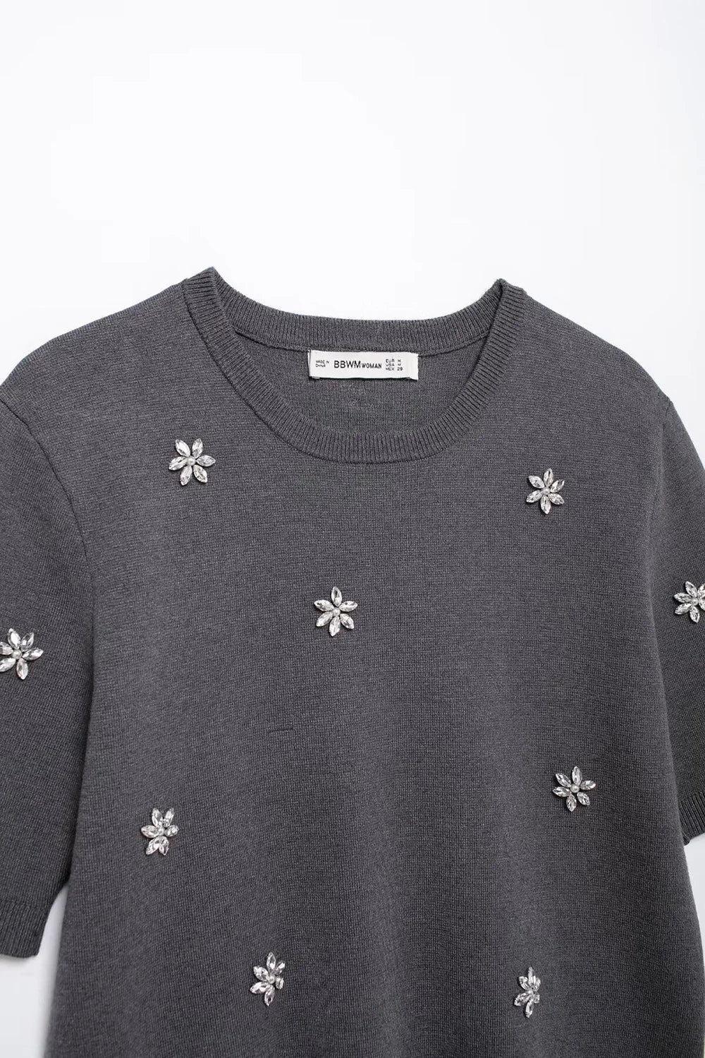 Womens Studded Flower Knit Set with Short Sleeve Round Neck Top and Elastic Waist Skirt Autumn Winter Fashion Ensemble