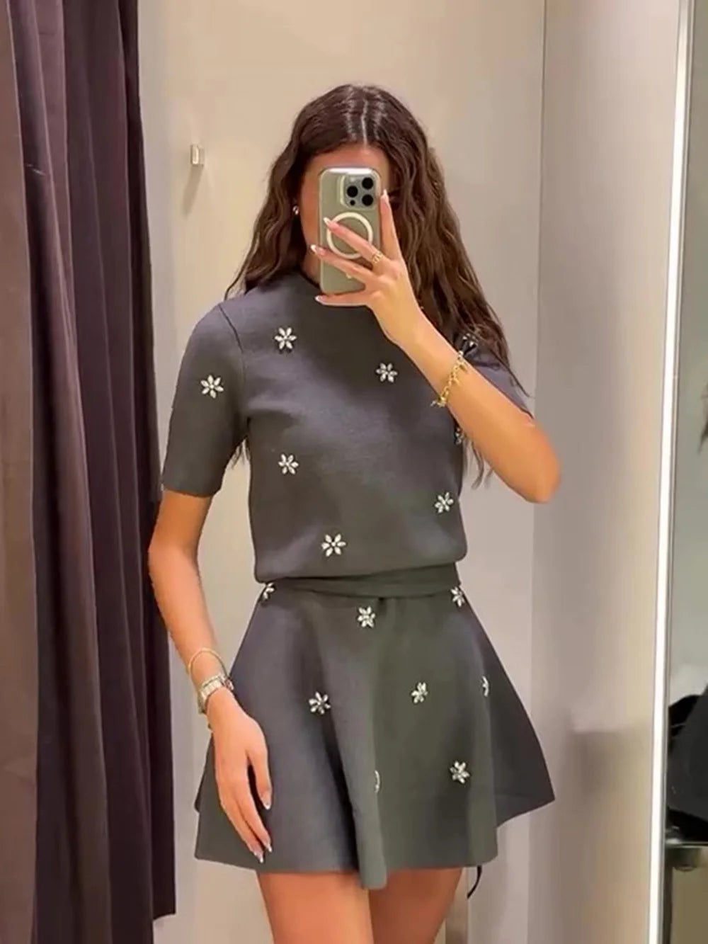 Womens Studded Flower Knit Set with Short Sleeve Round Neck Top and Elastic Waist Skirt Autumn Winter Fashion Ensemble