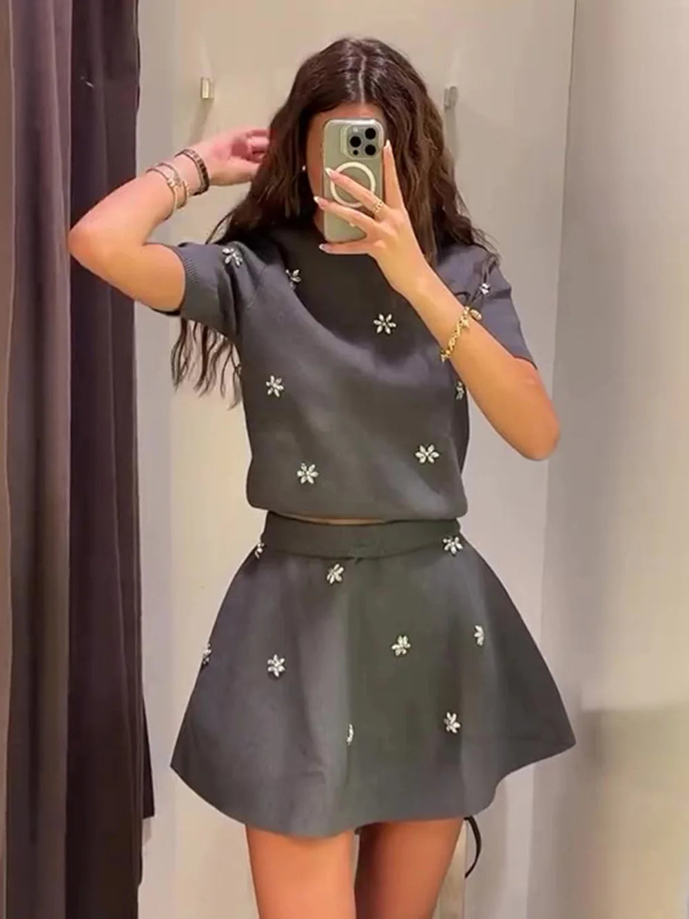 Womens Studded Flower Knit Set with Short Sleeve Round Neck Top and Elastic Waist Skirt Autumn Winter Fashion Ensemble