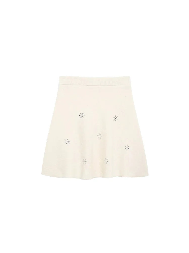 Womens Studded Flower Knit Set with Short Sleeve Round Neck Top and Elastic Waist Skirt Autumn Winter Fashion Ensemble